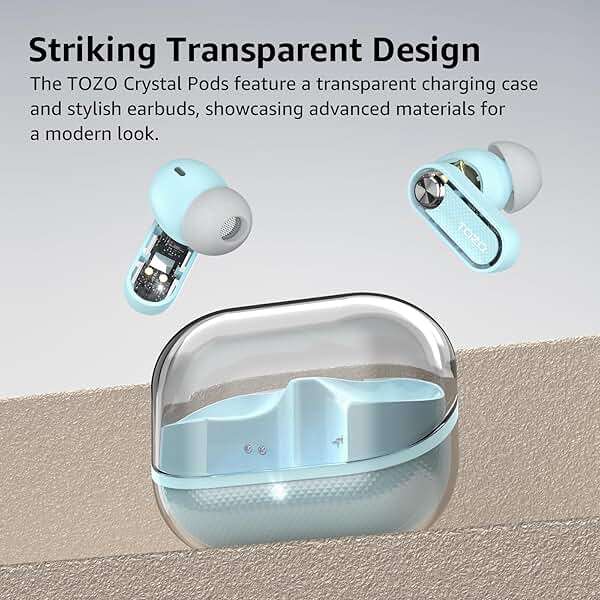 TOZO Crystal Pods Hybrid Active Noise Cancelling Wireless Earbuds, 10mm Drivers Deep Bass, 4 Mics Smart ENC AI Calls, Real-Time AI Translation, 32 EQ via App, Bluetooth 5.4, Crystal Design - Image 2