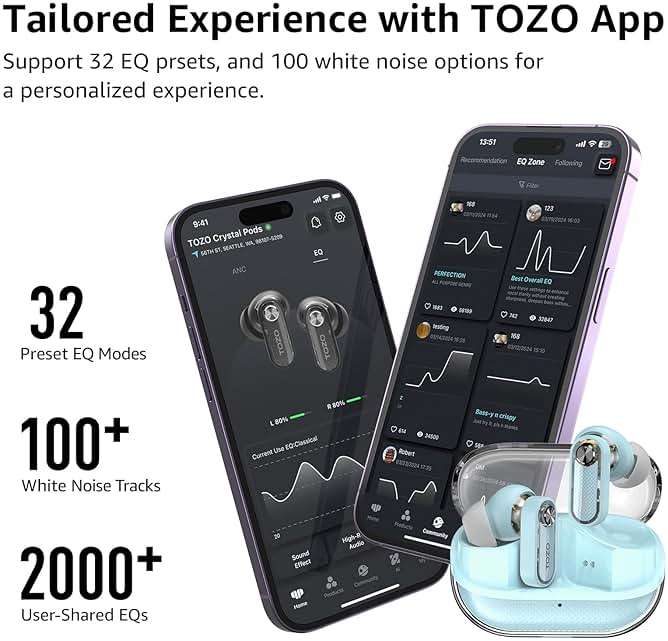 TOZO Crystal Pods Hybrid Active Noise Cancelling Wireless Earbuds, 10mm Drivers Deep Bass, 4 Mics Smart ENC AI Calls, Real-Time AI Translation, 32 EQ via App, Bluetooth 5.4, Crystal Design - Image 5