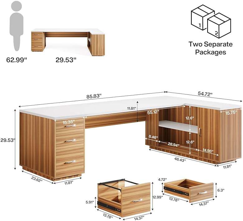 Tribesigns 85.8" L-Shaped Executive Desk, Extra Large Office Desk with File Drawers, Modern Business Furniture, Computer Desk Workstation with Door Cabinet, Shelves for Home Office, White & Brown - Image 2