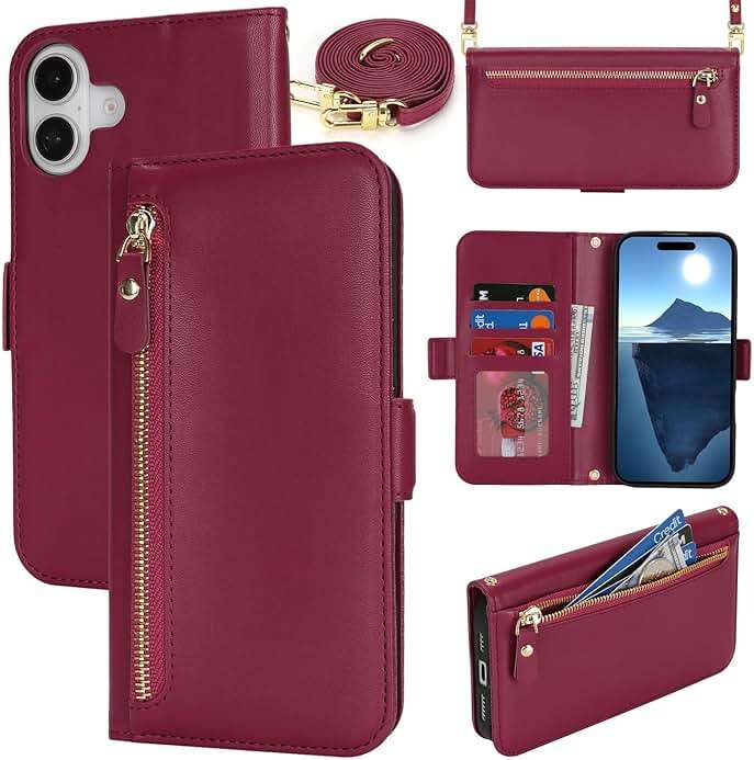 Lipvina for iPhone 16 Wallet Case for Women,Zipper Pocket,PU Leather Phone Case Stand flip Cover Crossbody Lanyard Strap Zipper Credit Card Holder Slots for Apple 16,Wine Red - Image 1