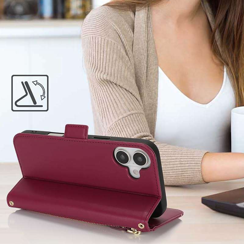 Lipvina for iPhone 16 Wallet Case for Women,Zipper Pocket,PU Leather Phone Case Stand flip Cover Crossbody Lanyard Strap Zipper Credit Card Holder Slots for Apple 16,Wine Red - Image 2