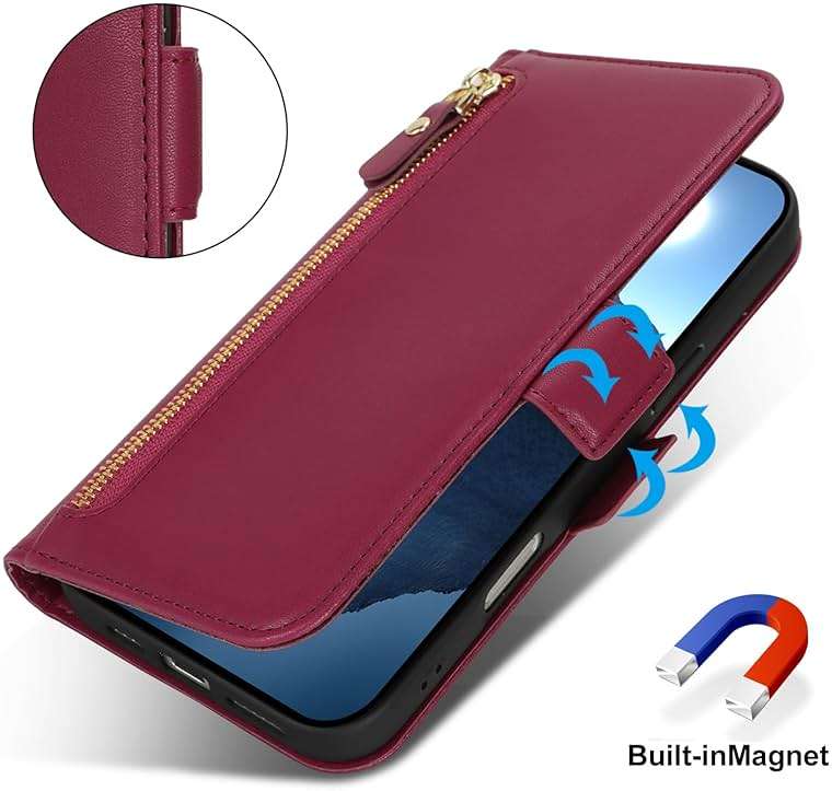 Lipvina for iPhone 16 Wallet Case for Women,Zipper Pocket,PU Leather Phone Case Stand flip Cover Crossbody Lanyard Strap Zipper Credit Card Holder Slots for Apple 16,Wine Red - Image 4
