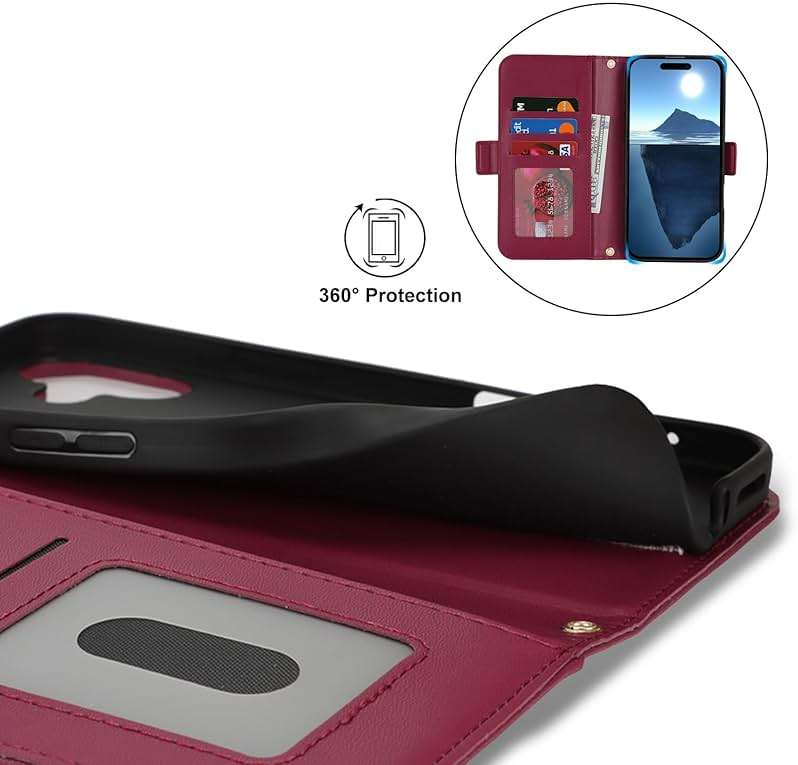 Lipvina for iPhone 16 Wallet Case for Women,Zipper Pocket,PU Leather Phone Case Stand flip Cover Crossbody Lanyard Strap Zipper Credit Card Holder Slots for Apple 16,Wine Red - Image 5