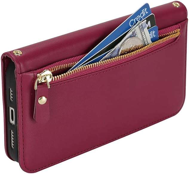 Lipvina for iPhone 16 Wallet Case for Women,Zipper Pocket,PU Leather Phone Case Stand flip Cover Crossbody Lanyard Strap Zipper Credit Card Holder Slots for Apple 16,Wine Red - Image 7