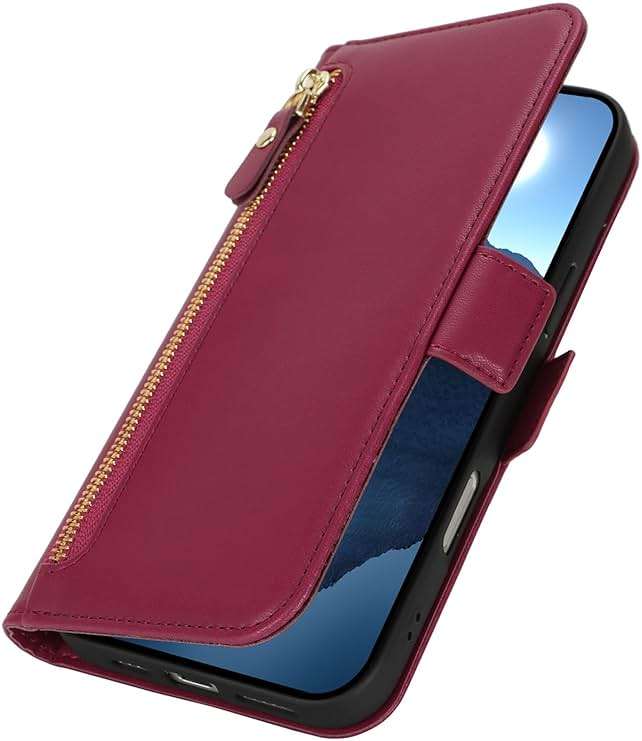 Lipvina for iPhone 16 Wallet Case for Women,Zipper Pocket,PU Leather Phone Case Stand flip Cover Crossbody Lanyard Strap Zipper Credit Card Holder Slots for Apple 16,Wine Red - Image 8