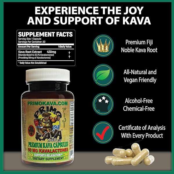 PRIMO KAVA Kava Capsules 1500mg | Authentic Kava Kava from Fiji | Fast Acting Kava Extract | 1500mg of Kavalactones | Adaptogenic Experience | Certified 3rd Party Testing - Image 2