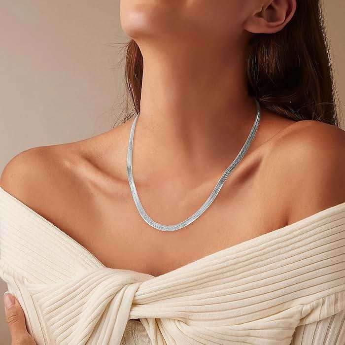 Jewlpire 3mm 4mm 5mm Herringbone Necklace 18K Gold Plated 925 Sterling Silver Chain Necklace for Women, Flat Snake Chain Necklace, Women's Chains Necklaces 16 18 20 22 24 Inch - Image 2