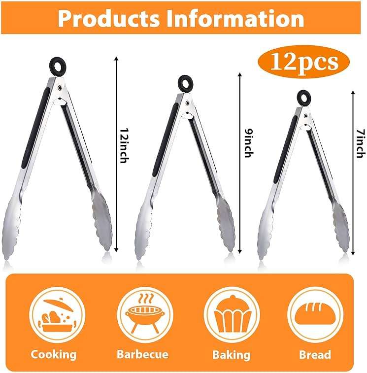 12 Pcs Serving Tongs for Cooking, 7" 9" 12" Heavy Duty Stainless Steel Lockable Kitchen Salad Tongs Small Grill Tong for Food, BBQ, Toaster, Non-slip Grip - Image 5