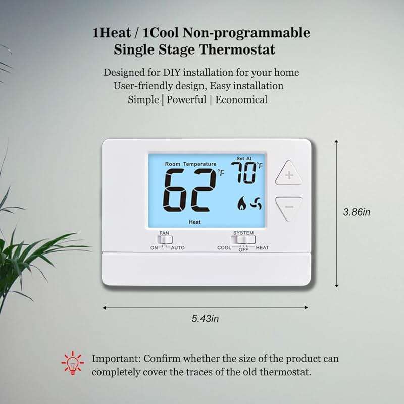 NonProgrammable Thermostat for Home, Digital Energy-Saving Thermostat,Single-Stage Systems, 1 Heat/1 Cool, Easy DIY Install,White Backlight - Image 2