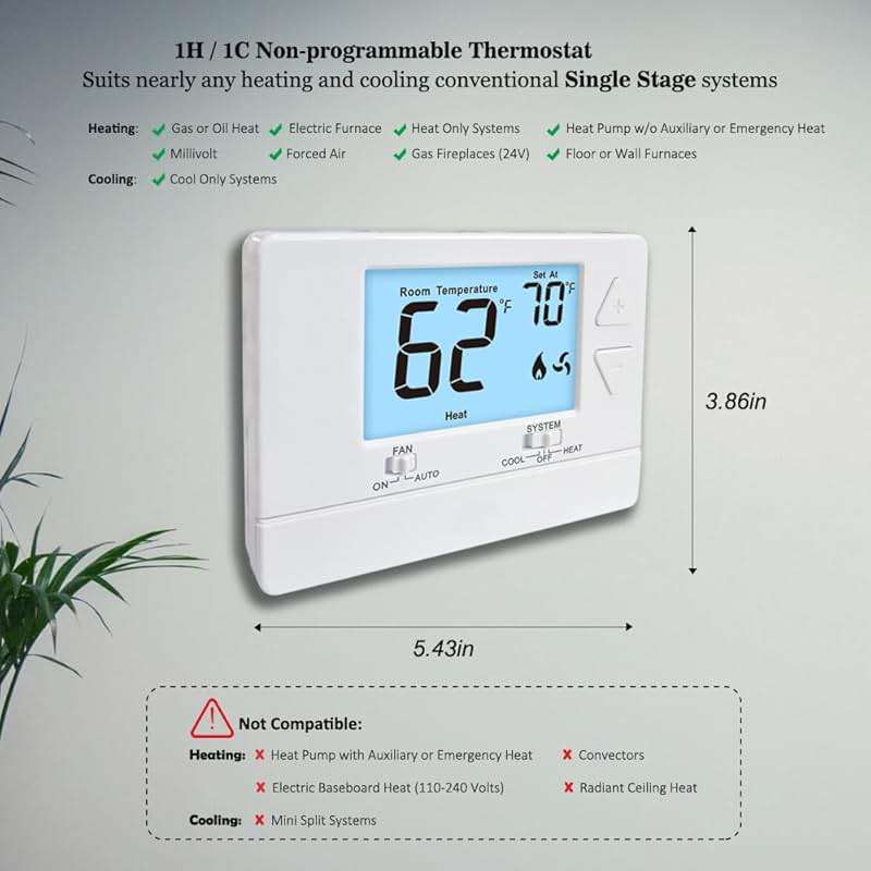 NonProgrammable Thermostat for Home, Digital Energy-Saving Thermostat,Single-Stage Systems, 1 Heat/1 Cool, Easy DIY Install,White Backlight - Image 3