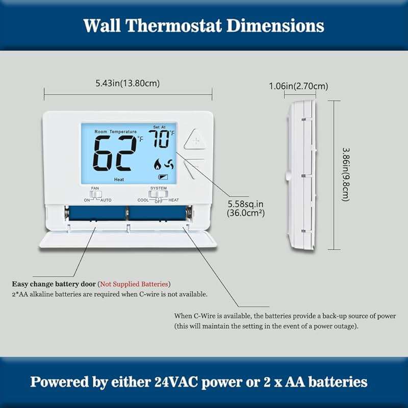 NonProgrammable Thermostat for Home, Digital Energy-Saving Thermostat,Single-Stage Systems, 1 Heat/1 Cool, Easy DIY Install,White Backlight - Image 4