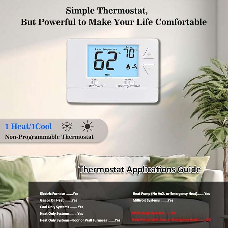 NonProgrammable Thermostat for Home, Digital Energy-Saving Thermostat,Single-Stage Systems, 1 Heat/1 Cool, Easy DIY Install,White Backlight - Image 7