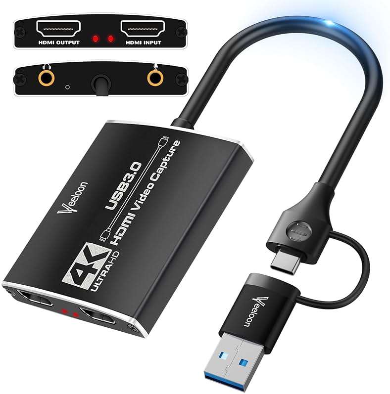 Audio Video Capture Card for Broadcasting,4K HDMI to USB C Capture Card with USB A 3.0 Adapter,1080P 60FPS, Work with iPad Mac OS Windows, Camera/Xbox/PS5/PC/OBS/DVDs,DSLR for Streaming - Image 1
