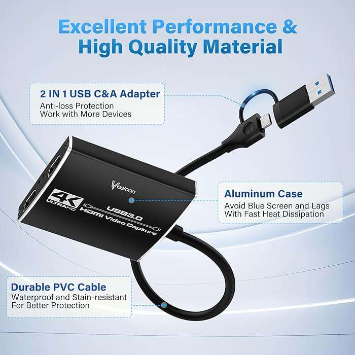 Audio Video Capture Card for Broadcasting,4K HDMI to USB C Capture Card with USB A 3.0 Adapter,1080P 60FPS, Work with iPad Mac OS Windows, Camera/Xbox/PS5/PC/OBS/DVDs,DSLR for Streaming - Image 2