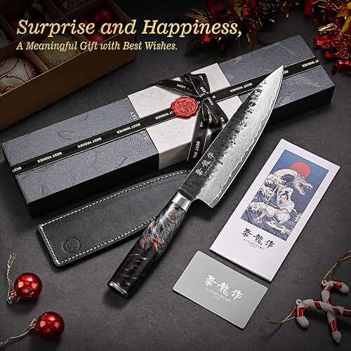 Japanese Chef Knife 8", Hand Forged 67-Layer Damascus VG10 Core Kitchen Knife for Home & Professional Chefs, Razor Sharp Chef's Knives with Leather Sheath, Premium Father Day Gift for Dad Husband - Image 2