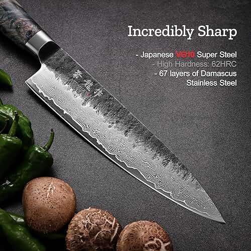 Japanese Chef Knife 8", Hand Forged 67-Layer Damascus VG10 Core Kitchen Knife for Home & Professional Chefs, Razor Sharp Chef's Knives with Leather Sheath, Premium Father Day Gift for Dad Husband - Image 4