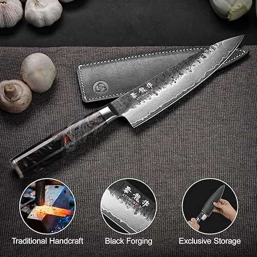 Japanese Chef Knife 8", Hand Forged 67-Layer Damascus VG10 Core Kitchen Knife for Home & Professional Chefs, Razor Sharp Chef's Knives with Leather Sheath, Premium Father Day Gift for Dad Husband - Image 6