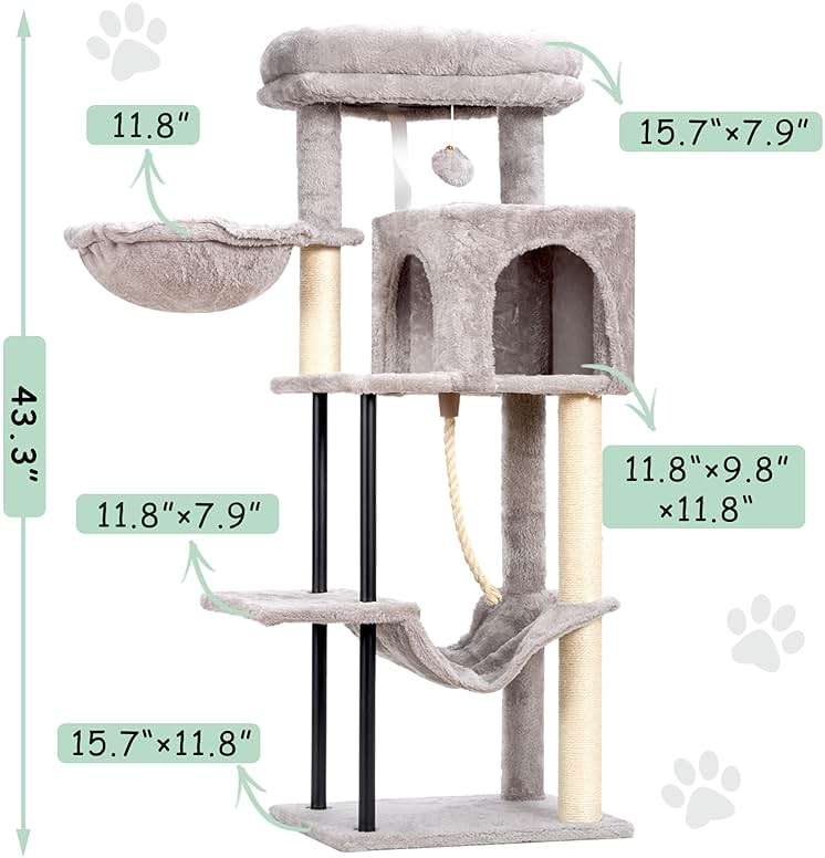 Gitelsnour Cat Tree, Cat Tower for Indoor Cats, 43.3 inch Cat Tree Tower with Sturdy Steel Tube, Cat Hammock, Cat Condo for Small Cats and Kittens, Cat Scratching Post, Light Gray GCT004SW - Image 3