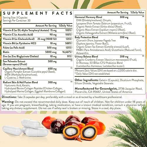 Gesundgeist Saw Palmetto for Women Hair Loss - DHT Blocker with 5-in-1 Blend for Hair Growth, Skin & Nails, Urinary Wellness - Extra Strength Saw Palmetto Supplement - 90 Capsules - Image 6