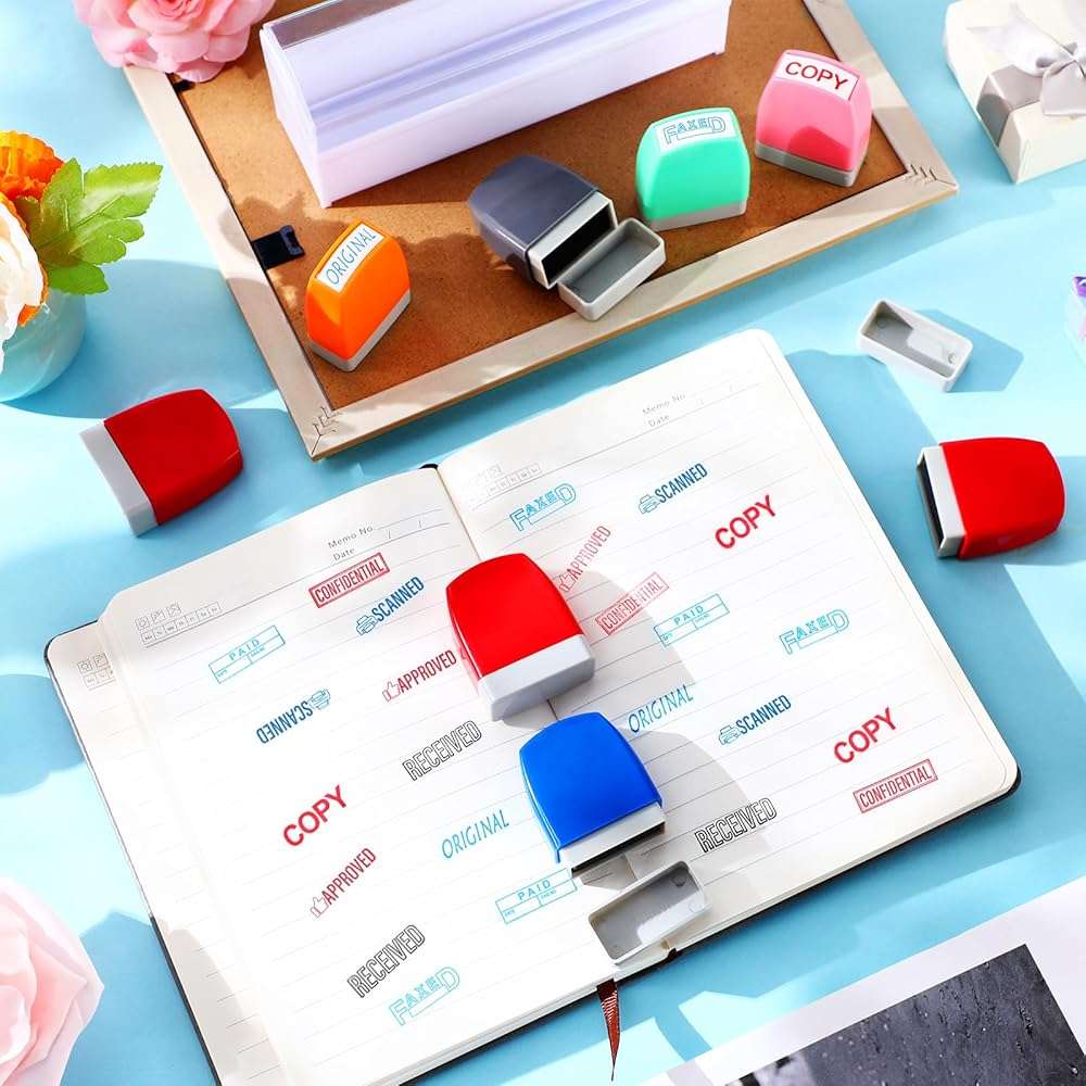 Crtiin 8 Pcs Office Stamp Set - Approved, Paid, Copy, Faxed, Scanned, Confidential, Received, Original - Self Inking Rubber Stamps Plastic, Rectangular for Business(Style 1,Mixed Colors) - Image 2