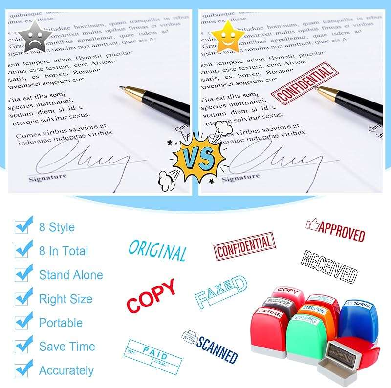 Crtiin 8 Pcs Office Stamp Set - Approved, Paid, Copy, Faxed, Scanned, Confidential, Received, Original - Self Inking Rubber Stamps Plastic, Rectangular for Business(Style 1,Mixed Colors) - Image 4