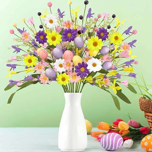 Yen Jean 12PCS Easter Decorations Artificial Eggs Flowers - Spring Floral Picks Decor Stems with Leaves for Home Table Centerpiece Vase Arrangement - Image 2