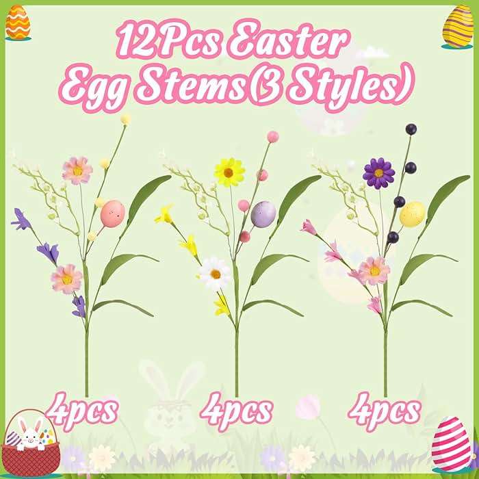 Yen Jean 12PCS Easter Decorations Artificial Eggs Flowers - Spring Floral Picks Decor Stems with Leaves for Home Table Centerpiece Vase Arrangement - Image 4
