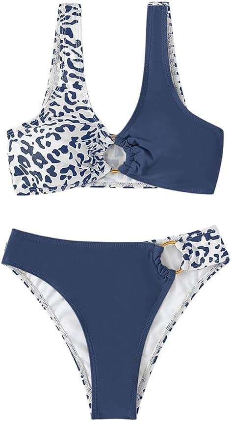 SweatyRocks Women's Leopard Print Bikini Set Color Block High Cut Cheeky Swimsuit 2 Piece Bathing Suit - Image 1