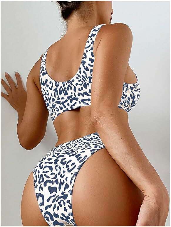 SweatyRocks Women's Leopard Print Bikini Set Color Block High Cut Cheeky Swimsuit 2 Piece Bathing Suit - Image 3