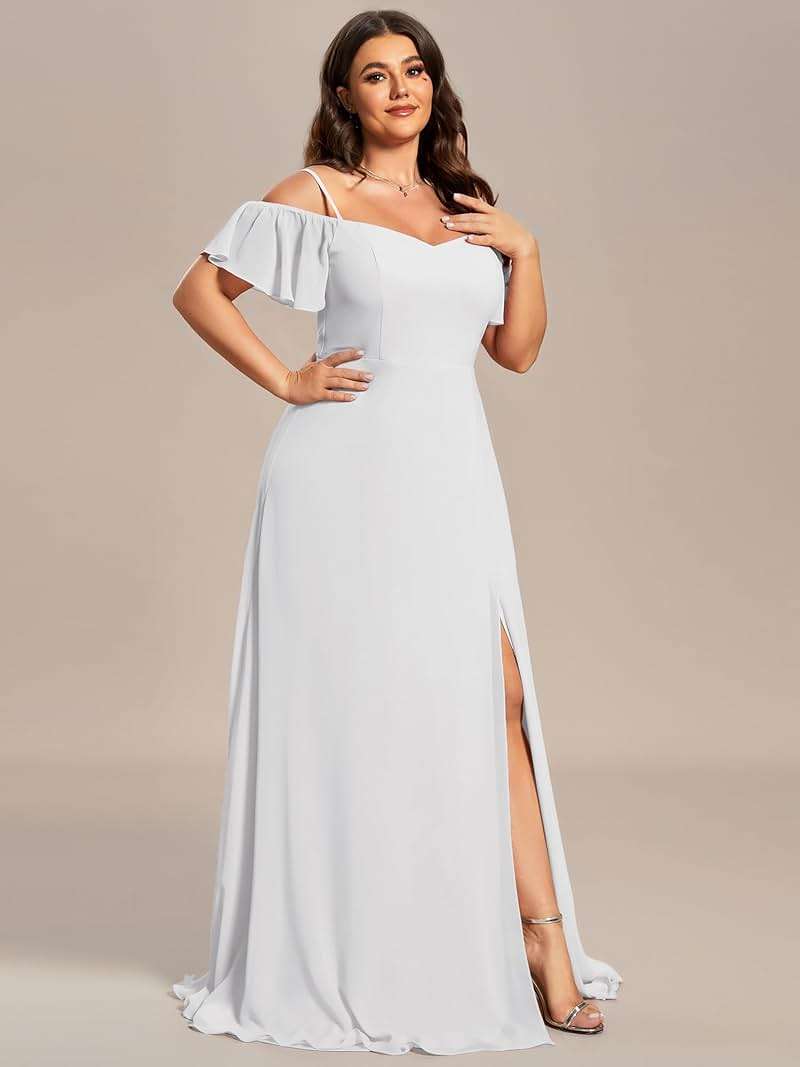 Ever-Pretty Plus Women's Off Shoulder Ruffles Sleeves Side Slit Chiffon Plus Size Bridesmaid Dresses 00237-DA - Image 4