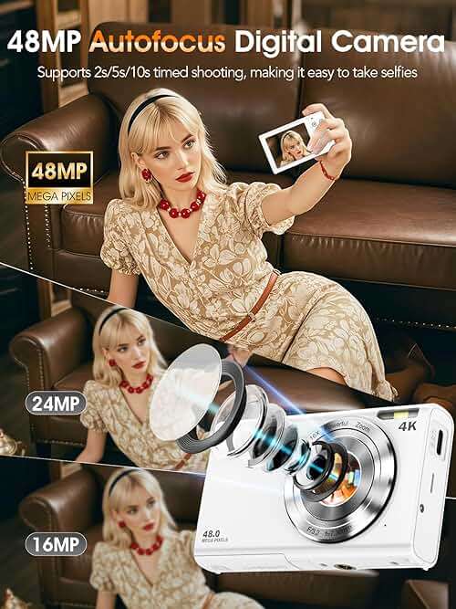 Digital Camera,Autofocus 4K Vlogging Camera for Photography with 32GB Card,48MP Portable Compact Point and Shoot Digital Camera for Teens Adult Beginner with 16X Zoom,Anti-Shake,2 Batteries(White) - Image 2