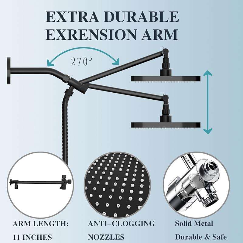 12 Inch Shower Head, High Pressure Rainfall/Handheld Dual Shower Combo- Upgrade Extension Arm Height Adjustable - Handheld Shower Wand and Hose Black, Matte Black (12Inch Showerheads) - Image 3