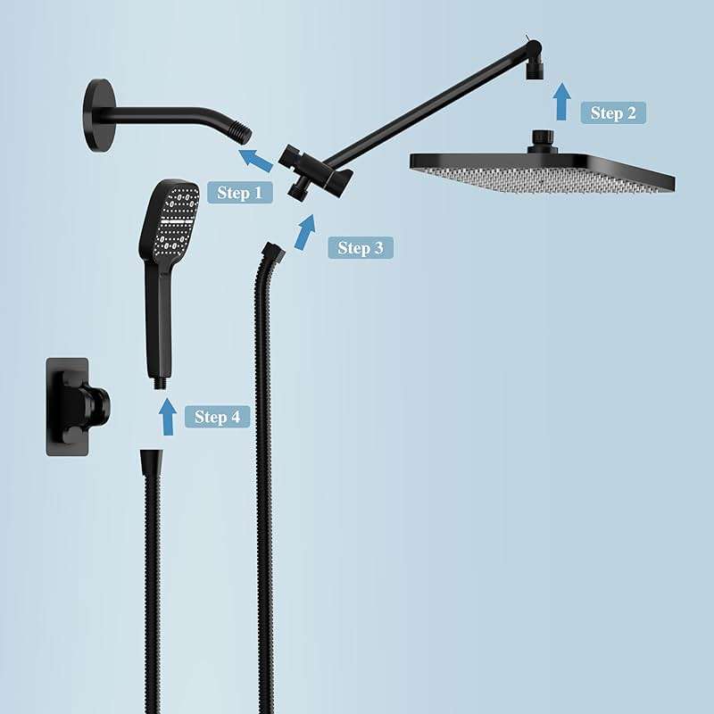 12 Inch Shower Head, High Pressure Rainfall/Handheld Dual Shower Combo- Upgrade Extension Arm Height Adjustable - Handheld Shower Wand and Hose Black, Matte Black (12Inch Showerheads) - Image 6