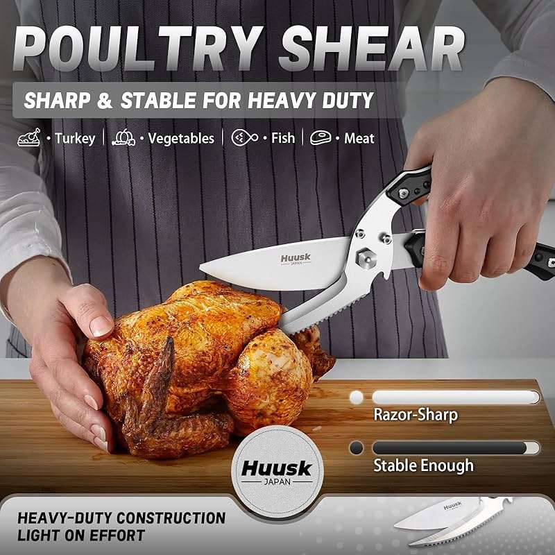 Huusk Kitchen Scissors for Food,Poultry Shears Heavy Duty with Serrated Edge,Detachable Meat Cutting Scissor for Chicken Bone And Turkey,Black Cooking Shear Thanksgiving - Image 3