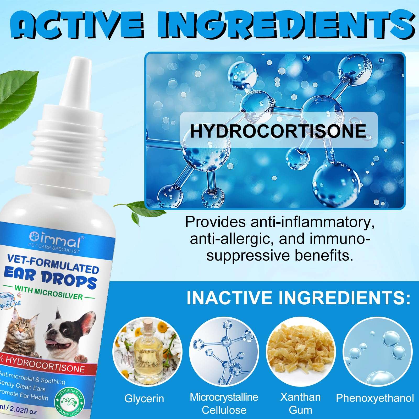 Ear Infection Treatment Drops for Dogs and Cats, Pets Ear Cleaning Solution Drops with 1% Hydrocortisone Soothing Dog Yeast Infection, Itchy Ear Relief, Pet Ear Care Supplies for Dogs & Cats - 2 fl oz - Image 2