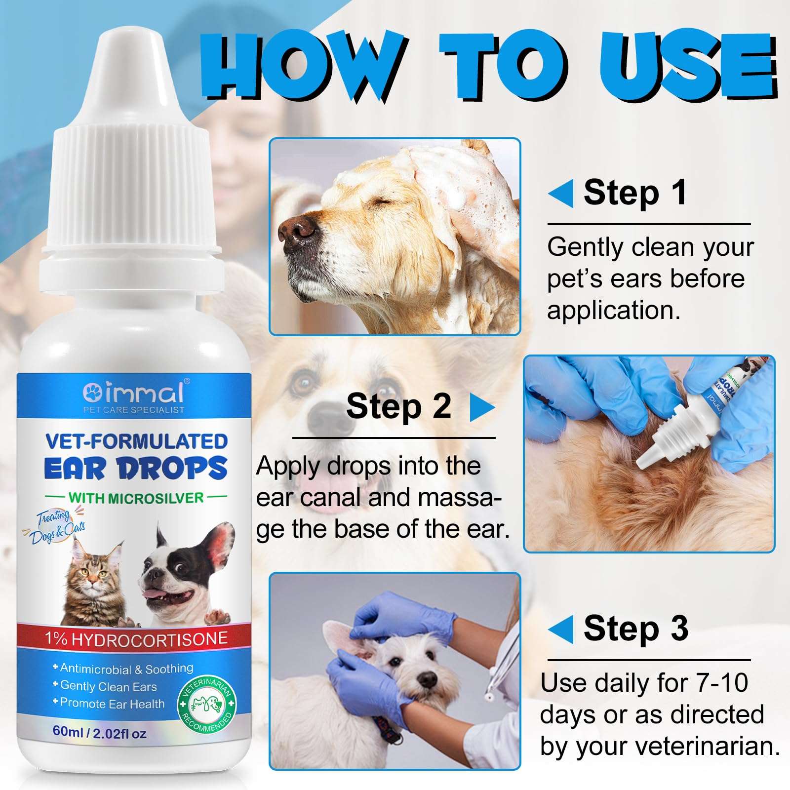Ear Infection Treatment Drops for Dogs and Cats, Pets Ear Cleaning Solution Drops with 1% Hydrocortisone Soothing Dog Yeast Infection, Itchy Ear Relief, Pet Ear Care Supplies for Dogs & Cats - 2 fl oz - Image 5