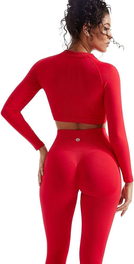 SUUKSESS Women 2 Piece Workout Sets Hidden Scrunch Hip Lifting Seamless Leggings Long Sleeve Yoga Crop Tops - Image 1
