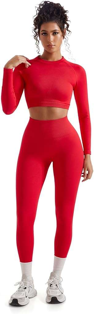 SUUKSESS Women 2 Piece Workout Sets Hidden Scrunch Hip Lifting Seamless Leggings Long Sleeve Yoga Crop Tops - Image 6