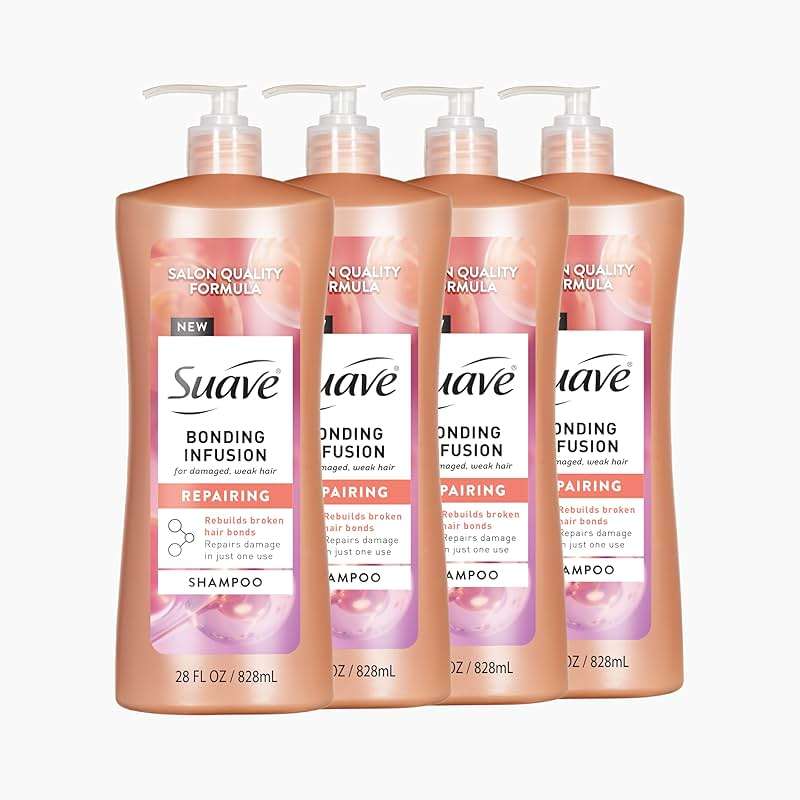 Suave Bonding Infusion Repairing Shampoo, pH Balanced, Infused with Amino Acids and Citric Acid, for Weak or Damaged Hair, 28oz Pump, 4 Pack - Image 1