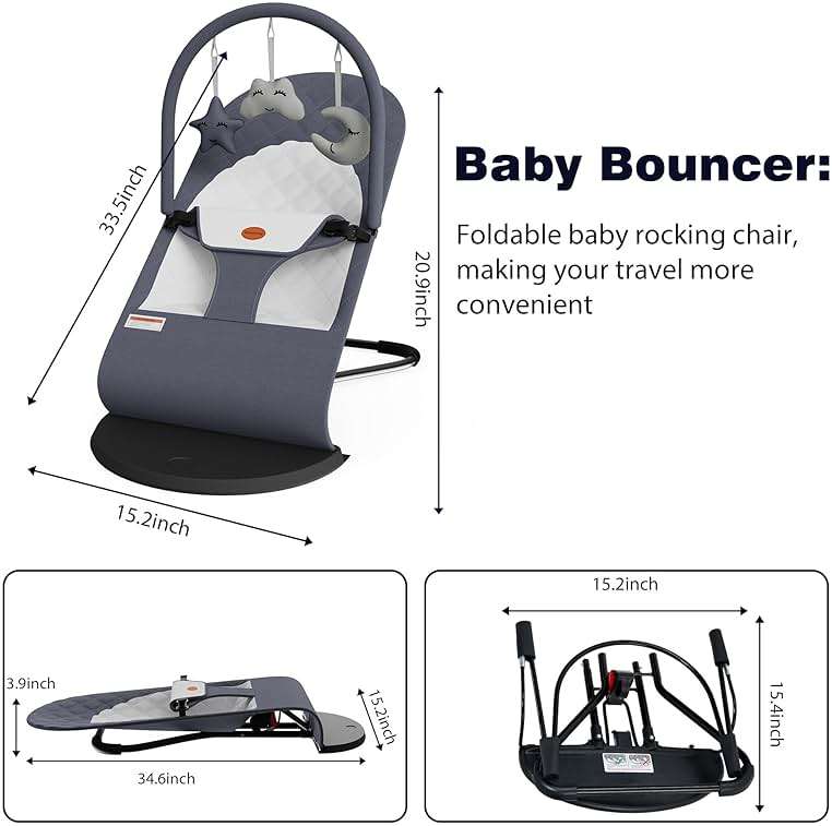 Portable Baby Bouncer Seat for Infants, 0-18 Months, 3 Modes of Use with Rocker & Stationary Options, Ergonomic Infant Chair with Hanging Toys – Grey - Image 2