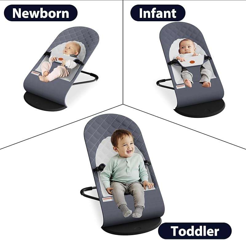 Portable Baby Bouncer Seat for Infants, 0-18 Months, 3 Modes of Use with Rocker & Stationary Options, Ergonomic Infant Chair with Hanging Toys – Grey - Image 3
