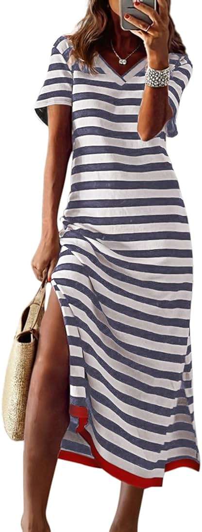 Dokotoo Womens Summer Casual Trendy 2026 Short Sleeve Maxi Dress Striped Split Vacation Color Block T Shirt Dress - Image 1