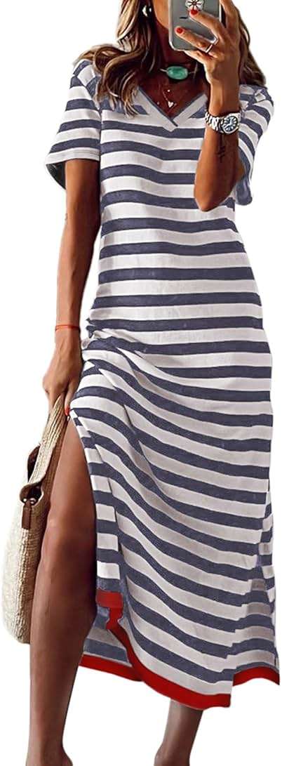 Dokotoo Womens Summer Casual Trendy 2026 Short Sleeve Maxi Dress Striped Split Vacation Color Block T Shirt Dress - Image 4