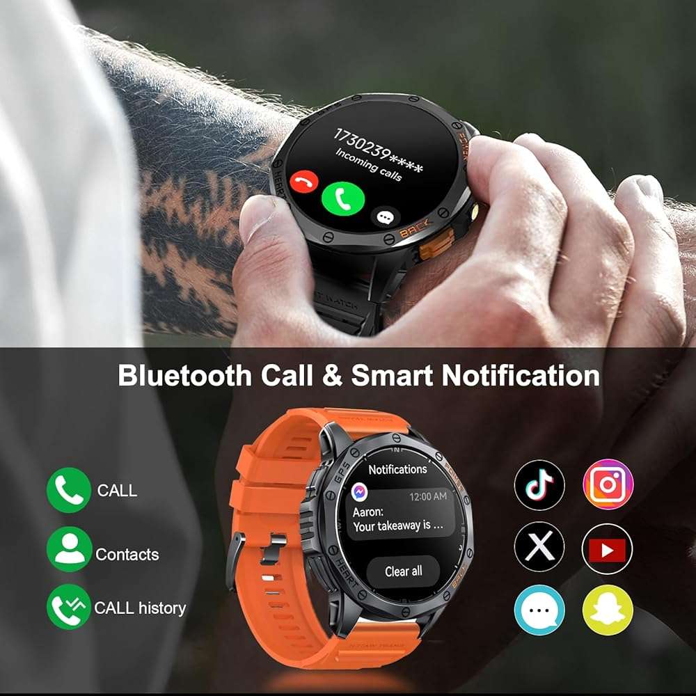 Military Smart Watches Built-in GPS, 170+ Sport Modes for Men with Flashlight, Smartwatch for Android Phones and iPhone, 1.43" AMOLED Screen Bluetooth Call Compass Altimeter (Black & Orange (2 Bands)) - Image 3