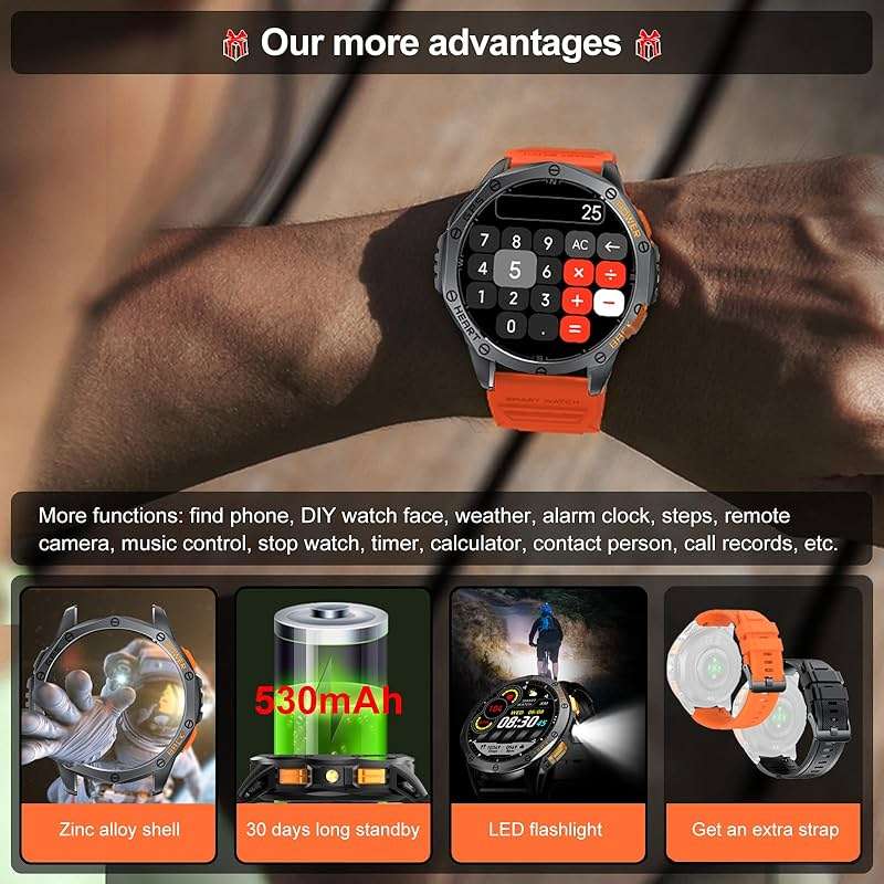 Military Smart Watches Built-in GPS, 170+ Sport Modes for Men with Flashlight, Smartwatch for Android Phones and iPhone, 1.43" AMOLED Screen Bluetooth Call Compass Altimeter (Black & Orange (2 Bands)) - Image 6