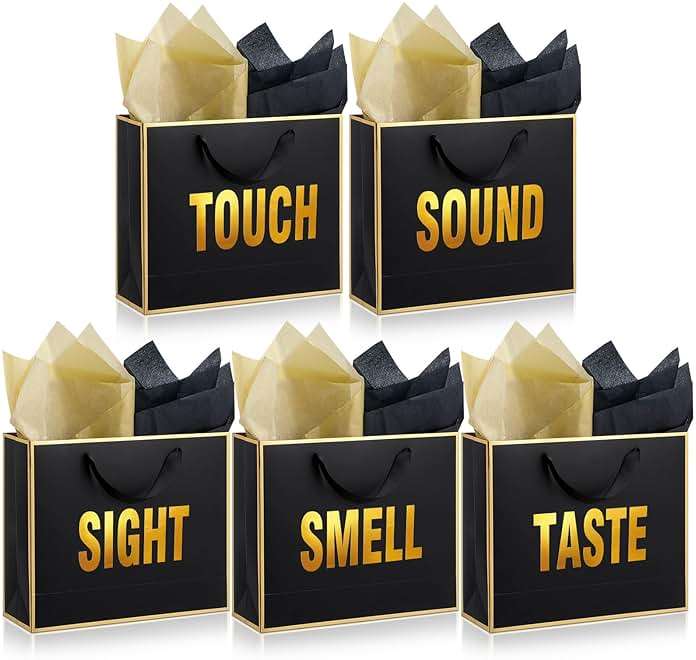 Kolldenn 5 Senses Gift Bags for Him Her Five Senses Gift Bag with Ribbon Handles and Tissue Paper Present Wrappings for Valentine Wedding Birthday Mothers Day(Black,11.8 x 10 x 4 Inch) - Image 1