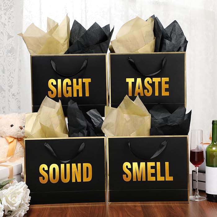 Kolldenn 5 Senses Gift Bags for Him Her Five Senses Gift Bag with Ribbon Handles and Tissue Paper Present Wrappings for Valentine Wedding Birthday Mothers Day(Black,11.8 x 10 x 4 Inch) - Image 3