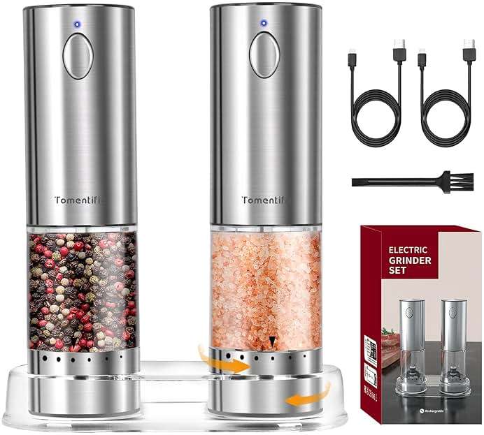 Electric Salt and Pepper Grinder Set with Rechargeable Base - Upgraded Large Capacity, Refillable Pepper Mill Set with LED Light & Adjustable Coarseness, Ideal for Kitchen, Outdoor (Light Silver) - Image 1