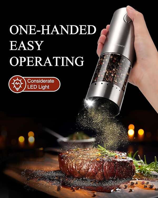 Electric Salt and Pepper Grinder Set with Rechargeable Base - Upgraded Large Capacity, Refillable Pepper Mill Set with LED Light & Adjustable Coarseness, Ideal for Kitchen, Outdoor (Light Silver) - Image 4