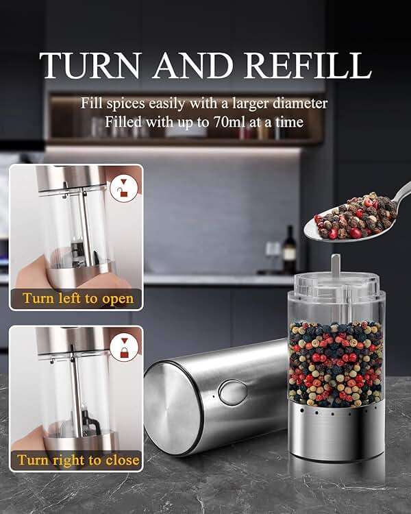 Electric Salt and Pepper Grinder Set with Rechargeable Base - Upgraded Large Capacity, Refillable Pepper Mill Set with LED Light & Adjustable Coarseness, Ideal for Kitchen, Outdoor (Light Silver) - Image 5